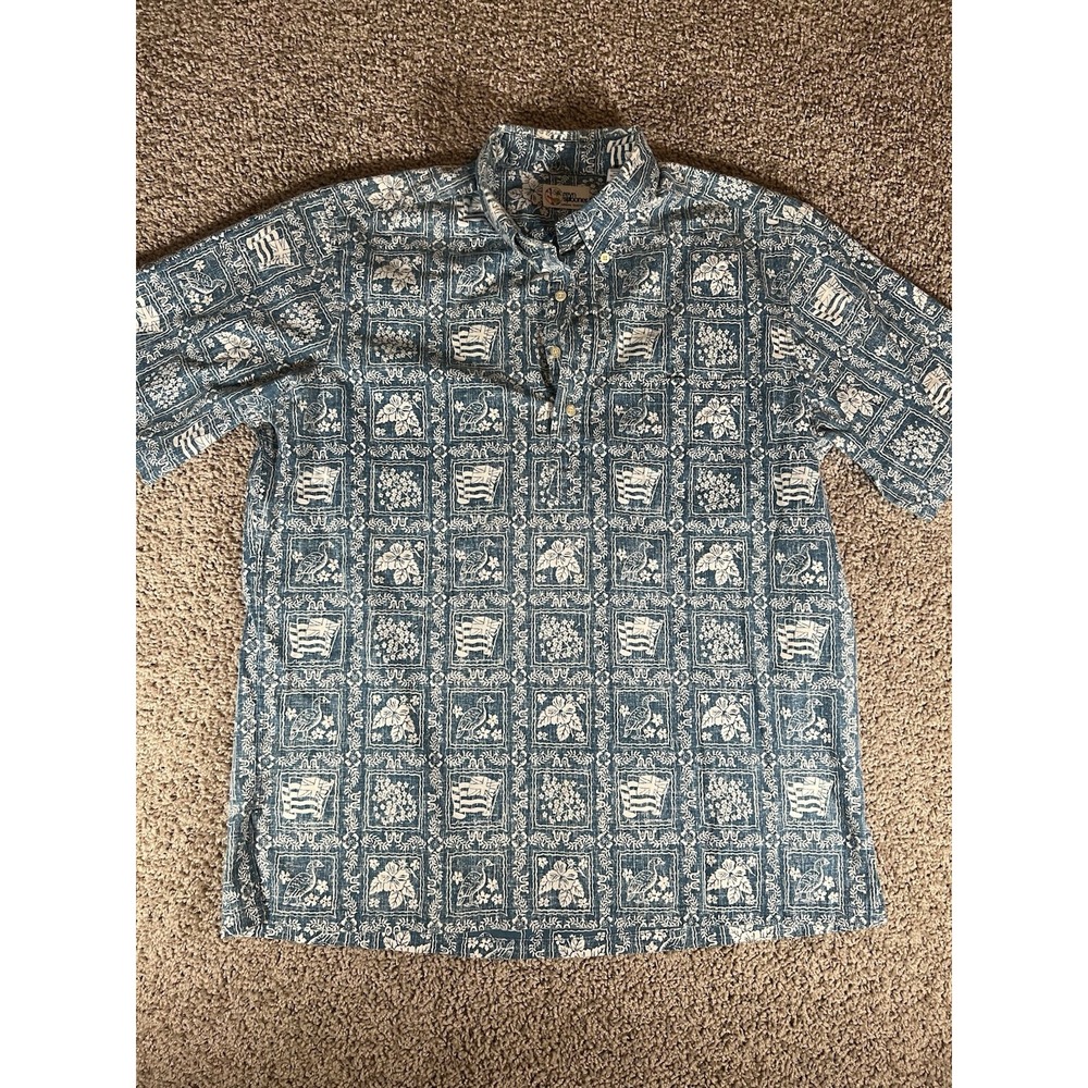Vintage Reyn Spooner 1/4 Button Up Blue British  Print‎ Shirt Mens L Cotton/Poly